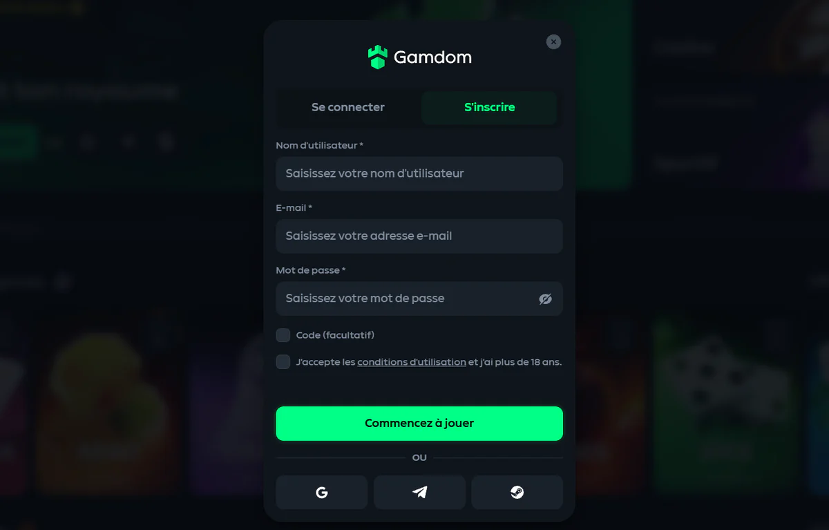 Gamdom formulaire d’inscription avec nom d’utilisateur, e-mail, mot de passe et acceptation des conditions d’utilisation